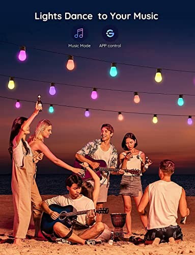 People enjoying a beach party with colorful string lights at sunset.