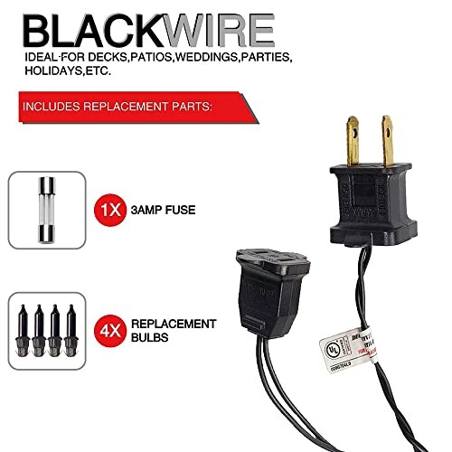 Black wire with plug and replacement parts including fuse and bulbs.