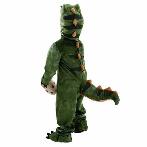 Child in a green dinosaur costume with tail and hood.