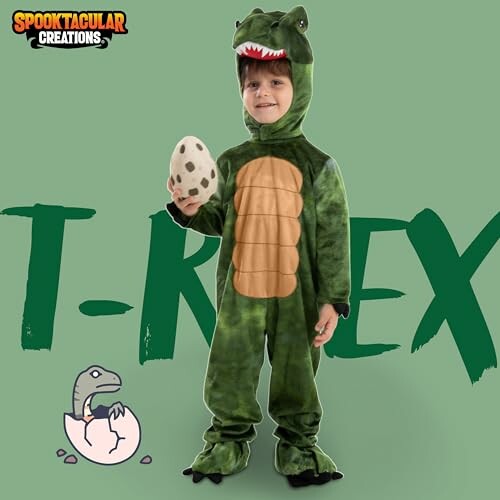 Child in T-Rex dinosaur costume holding an egg.