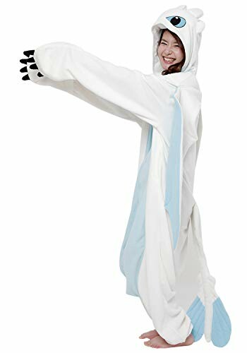 Person wearing a white dragon kigurumi with blue accents and hood