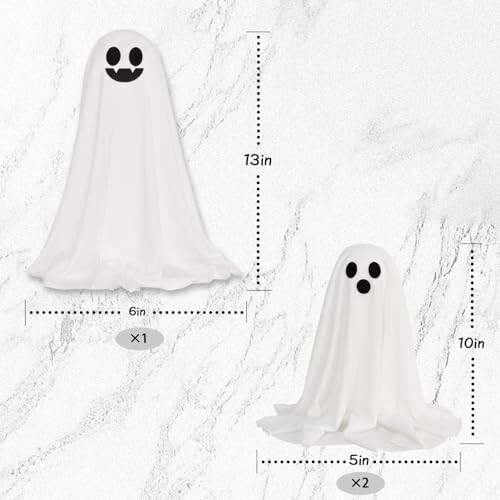 Two ghost decorations with size measurements