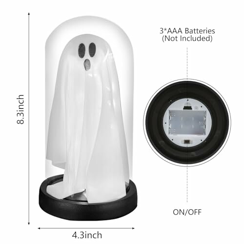 LED ghost night light with dimensions and battery info.