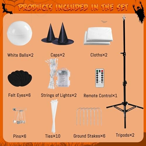 Halloween decoration set with various items including white balls, witch hats, cloths, felt eyes, lights, remote, pins, ties, stakes, and tripods.