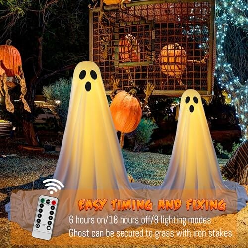 Halloween ghost decorations with pumpkins and lighting modes description.