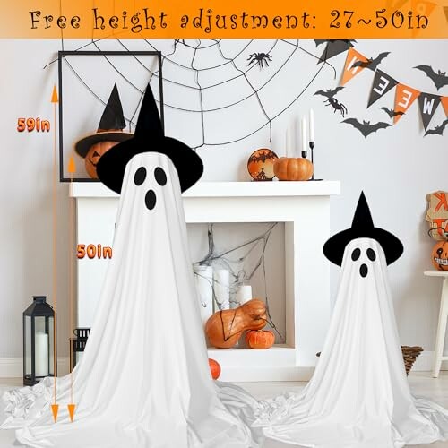 Halloween ghost decorations with witch hats and pumpkins.