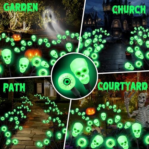 Collage of glowing green skulls in garden, church, path, and courtyard for Halloween.