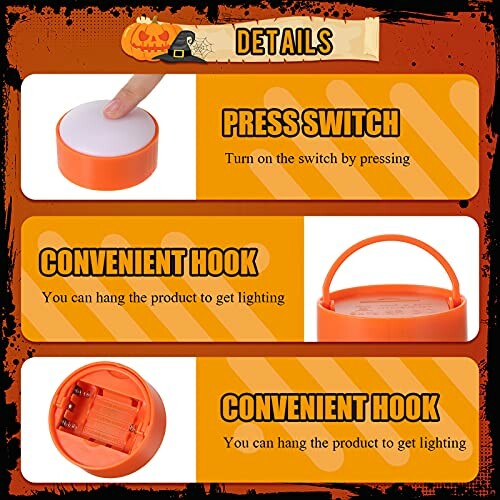 Features of a Halloween light showing a press switch and convenient hook.