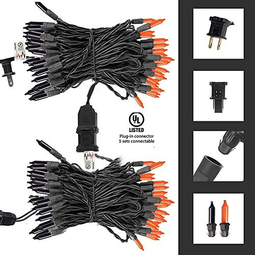 Halloween orange and purple string lights with plug-in connectors and UL listing.