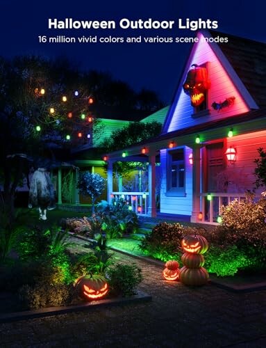 Vivid Halloween outdoor lights decorating a house with jack-o'-lanterns.