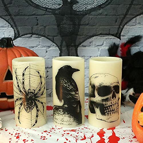 Eldnacele Halloween Flickering Candles with spider, crow, and skull designs