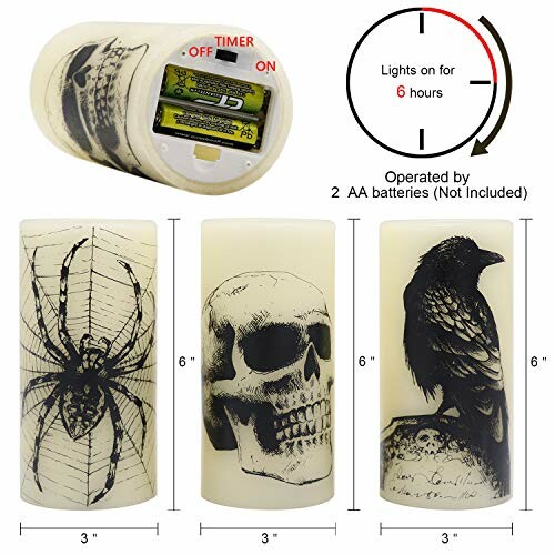 Eldnacele Halloween Flickering Candles with spider, skull, and raven designs