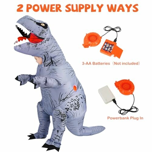 Inflatable dinosaur costume with dual power supply options: 3-AA batteries or powerbank plug-in.