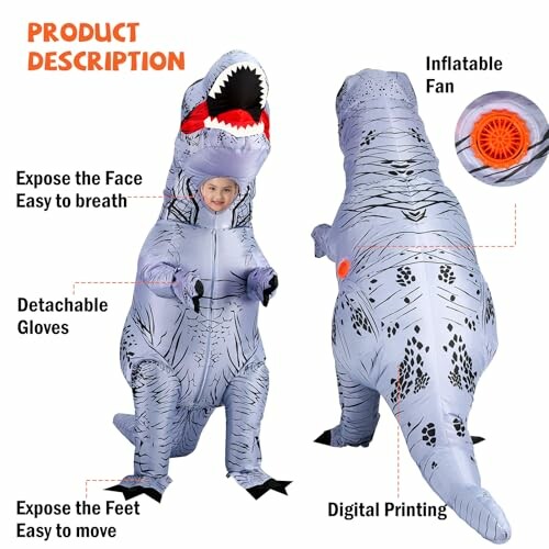 Inflatable dinosaur costume with features like detachable gloves and an inflatable fan.