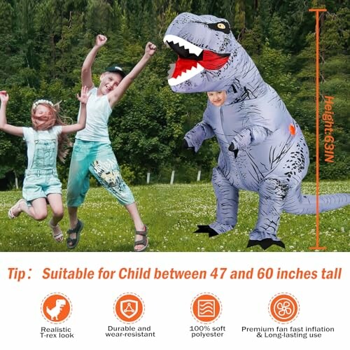 Children playing with inflatable dinosaur costume outdoors