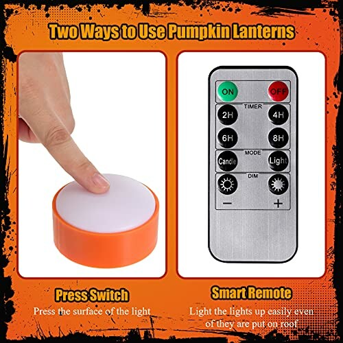 Two ways to use pumpkin lanterns: press switch and smart remote.