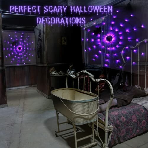 Spooky room with purple lights and Halloween decorations