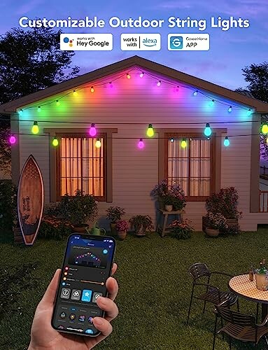 Colorful outdoor string lights controlled by smartphone app.