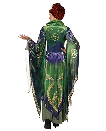 Person wearing a green mystical costume with long sleeves and intricate designs.